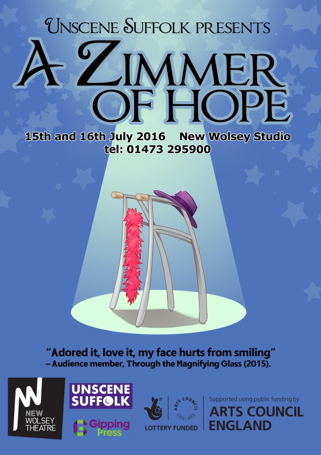 A Zimmer of Hope poster, blue background with cartoon image of a zimmer frame in a spotlight. A hat and feather boa hang off the zimmer frame.